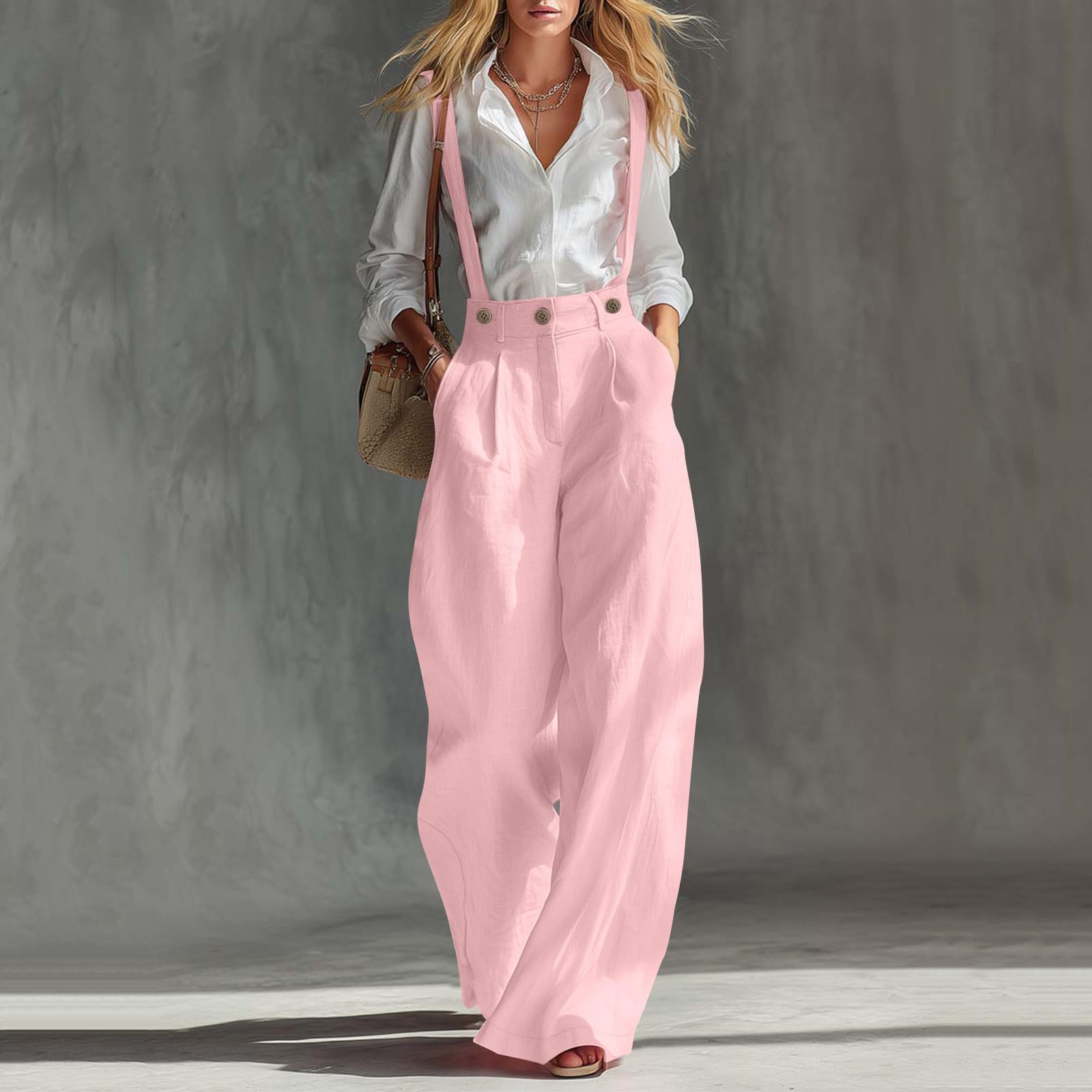 Pantalon décontracté à bretelles pour femmes, pantalon à jambes larges, taille haute, plissé, aspect lin, avec poches, pour le travail, les vacances et le quotidien