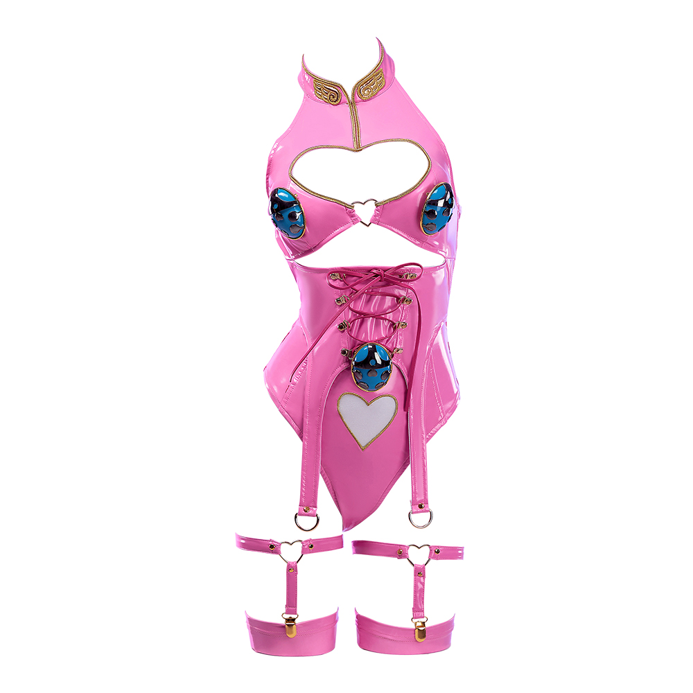 MOBBUNNY-Costume de cosplay dio pour femme, lingerie découpée en forme de cœur, costume de batterie licou avec gants, anneaux de jambe