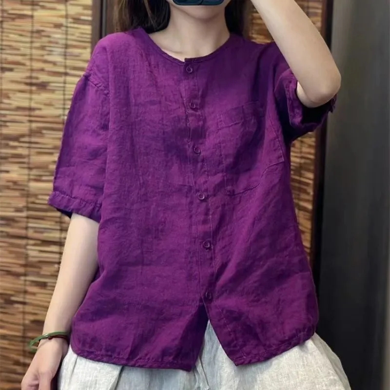 Chemise femme 2025 printemps été coton et lin col rond rétro dames Blouse solide réduction de l'âge dame Cardigan T-shirt