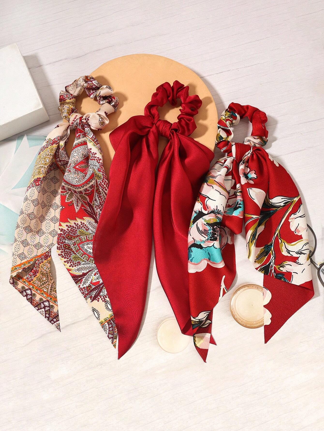Bandana triangulaire en Satin imprimé artistique, nouveau Style, couleur unie, accessoires pour foulards longs, porte-queue de cheval, attaches pour cheveux, 3 pièces