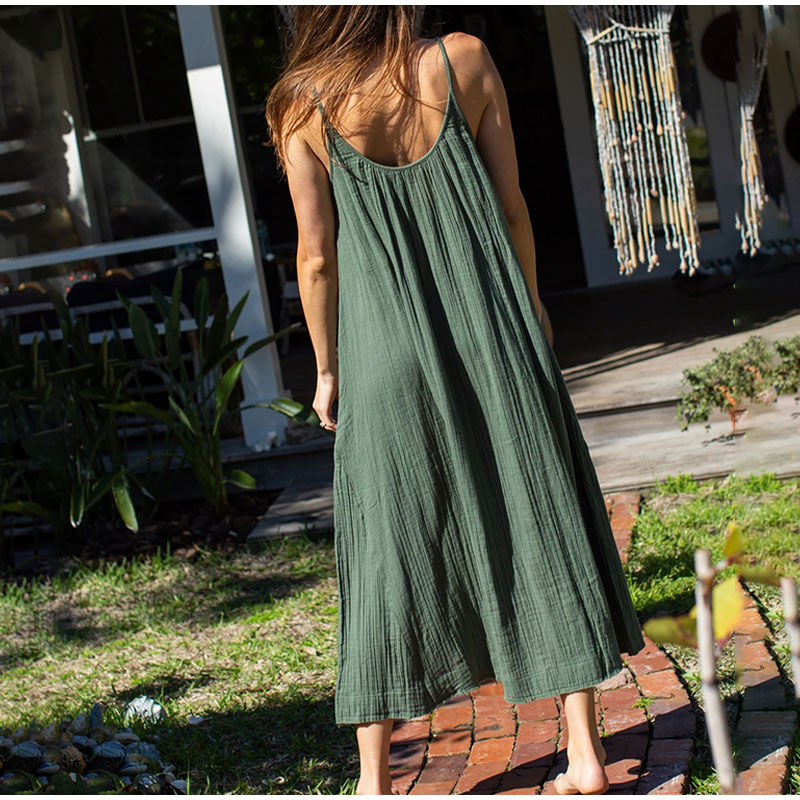 Robe longue décontractée 100% coton pour femmes, ample, couleur unie, sans manches, dos nu, Streetwear, élégante, été