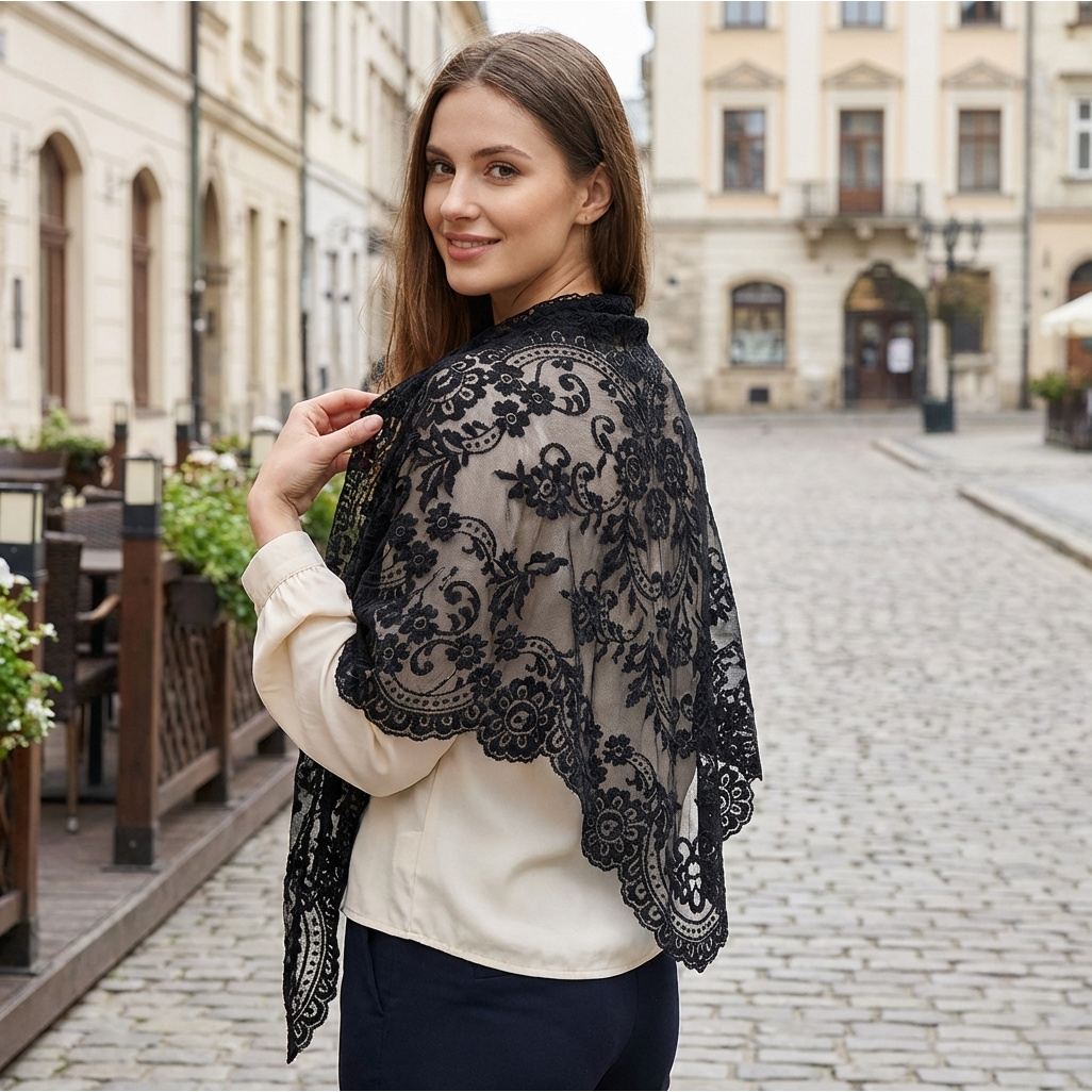 Châle triangulaire en dentelle pour femme, vêtement d'extérieur respirant à motif floral ajouré, écharpe rétro française, polyvalent pour le quotidien et les mariages