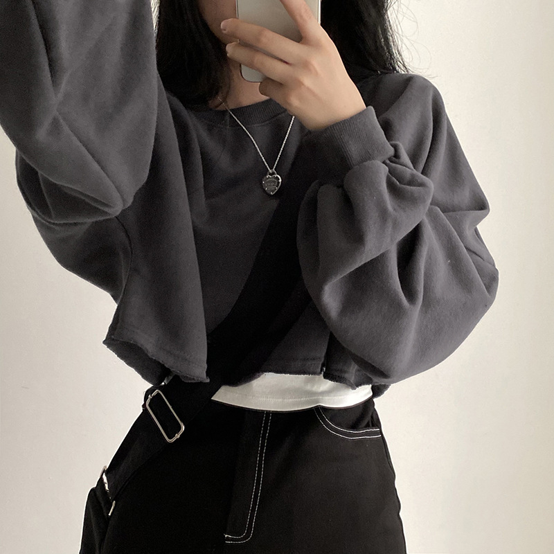 Sweat-shirts courts de mode coréenne pour femmes, hauts courts amples de couleur unie sexy, streetwear décontracté pour femmes, pulls grande taille pour femmes