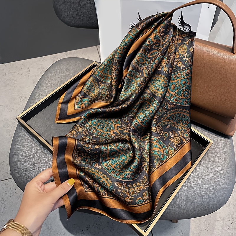 Foulard carré imprimé Imitation soie, foulard de tête pour femmes, accessoires de mode multifonctionnels, bandeau