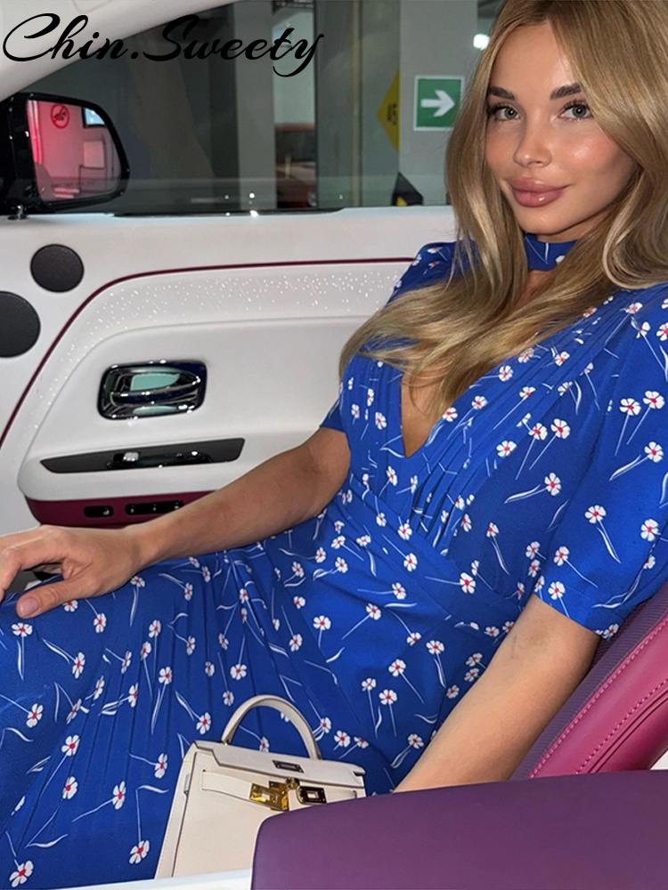 Robe imprimée urbaine pour femmes, décolleté en v profond, mode bouffante, manches courtes plissées, Empire, robes de soirée Chic, été, 2025