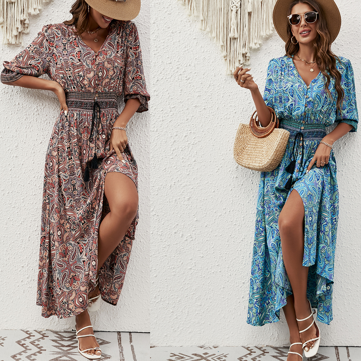 Vêtements pour femmes européennes et américaines, robe bohème printemps-automne, robe de plage