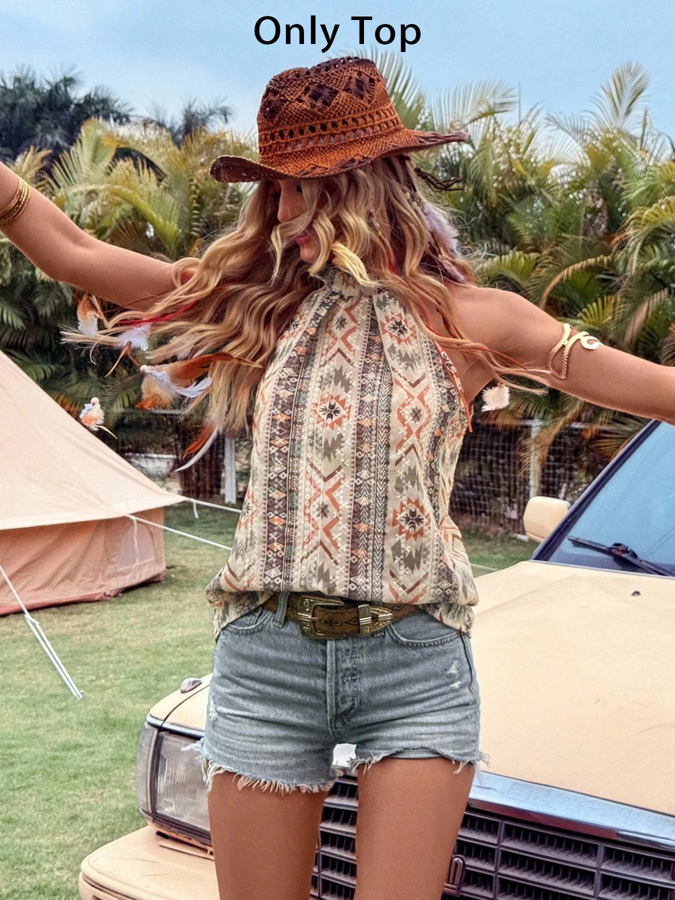 Chemise sans manches pour femmes, style bohème, parfaite pour les fêtes et les vacances, motif ethnique décontracté, coupe ajustée