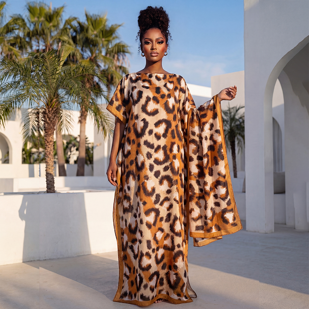 NOUVELLE Robe d'été tendance avec grande écharpe, Kaftan Dubaï Turquie, Abaya ample musulmane, Robe décontractée africaine à imprimé léopard pour femme