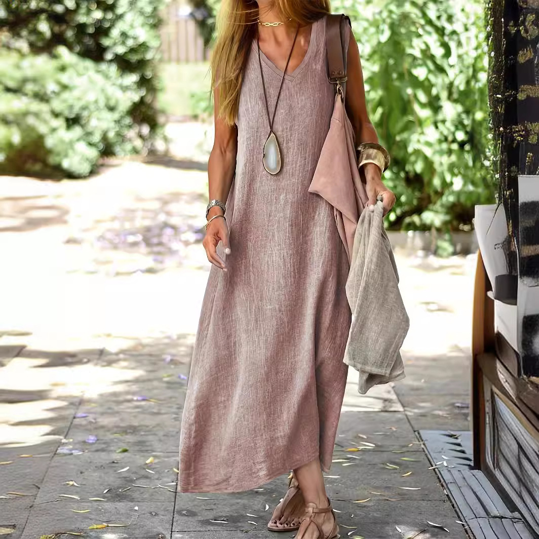 Robes pour femmes 2026 Nouvelle collection été Coton Lin Couleur Unie Col V Sans Manches Longues Robes Vêtements Femme Vestidos