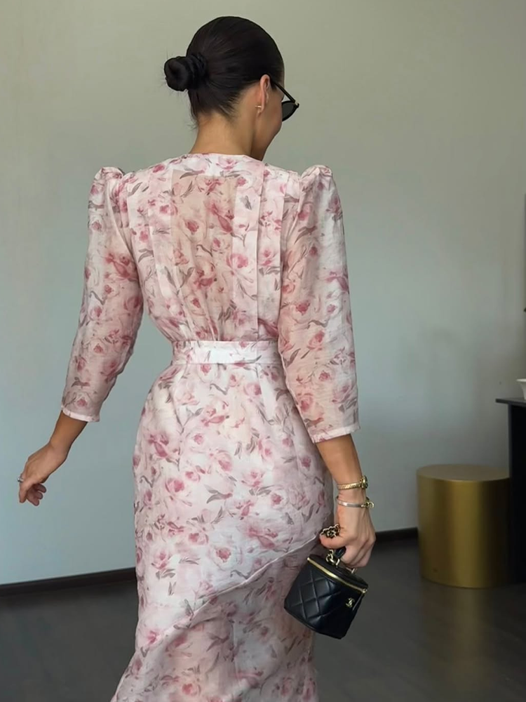 Robe imprimée pour femmes, robes florales, col en V profond, manches bouffantes, boutons à la taille, robe longue élégante en mélange de lin, vêtements pour femmes, tenue de tous les jours