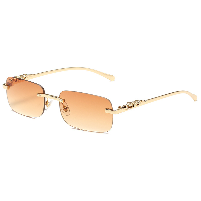 Lunettes de soleil carrées sans monture, lunettes de soleil à bord coupé, nuances de créateurs de mode, monture léopard dorée de luxe, lunettes UV400