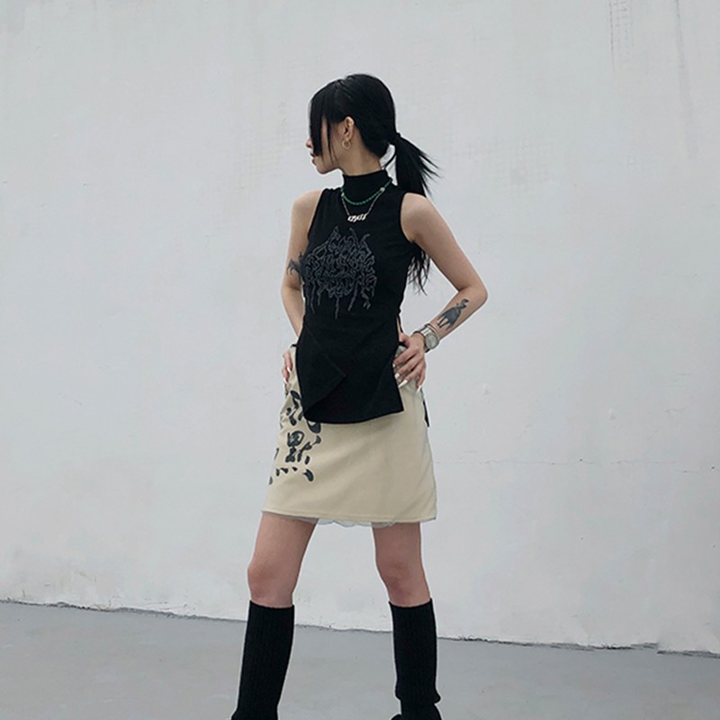 Karrcat Yamamoto Style débardeur noir Grunge gothique col roulé hauts Cyber Y2k Chic vêtements de créateur foncé esthétique Streetwear