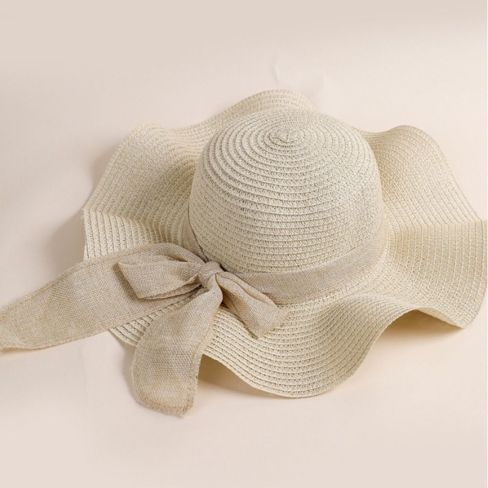 Chapeau de plage à large bord avec protection UV, rubans à nœud, chapeau de paille de voyage, casquette pare-soleil pliable portable, mode