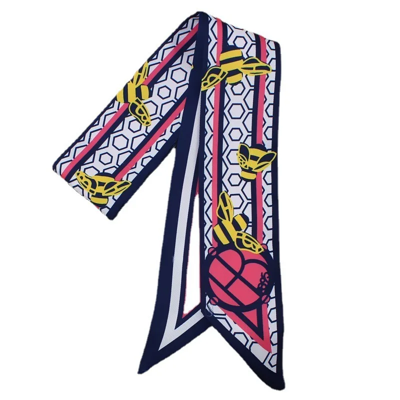 Écharpe fine d'été de luxe pour femme, motif abeille géométrique, en soie sergé, pour cheveux ou sac, à nouer comme foulard ou bandeau