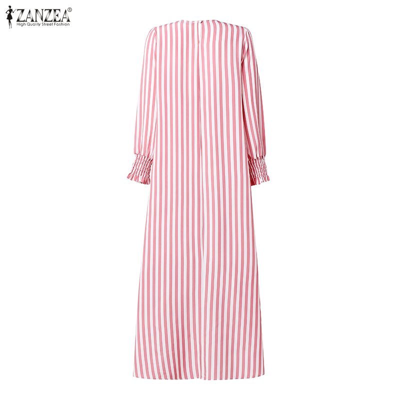 Robes Abaya Musulmanes Élégantes ZANZEA 2026 pour Femmes, Col Rond, Manches Longues, Robe Rayée Décontractée, Kaftan, Robe du Ramadan, Vêtements Islamiques