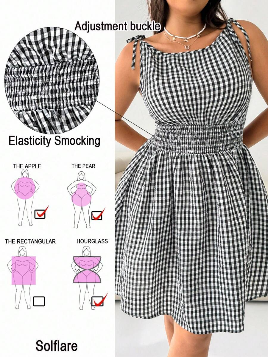 Robe décontractée sans manches à imprimé vichy et taille froncée, coupe ajustée, grande taille pour femme