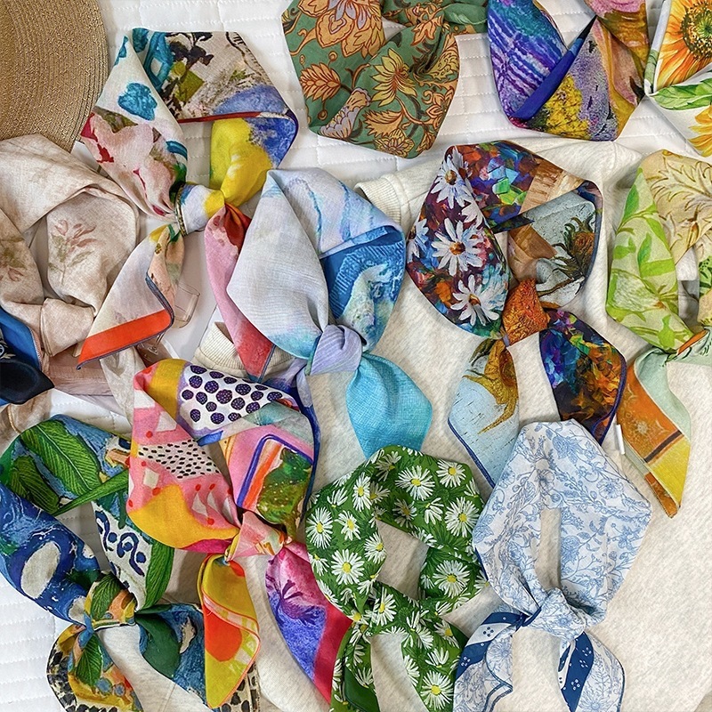 Foulard carré 100% coton pour femmes, imprimé, avec rubans, bandeaux, bandana, foulard de poignet, foulard pour sac, foulard pour le cou