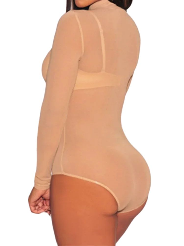 Body en maille pour femmes, manches longues, col montant, moulant, transparent, Vintage, Sexy, Clubwear, été, automne