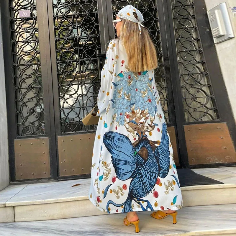 Cache-maillot à manches longues imprimé floral ethnique pour femmes, robes de bikini surdimensionnées, vêtements de plage Boho, Kimono, Kaftan, été