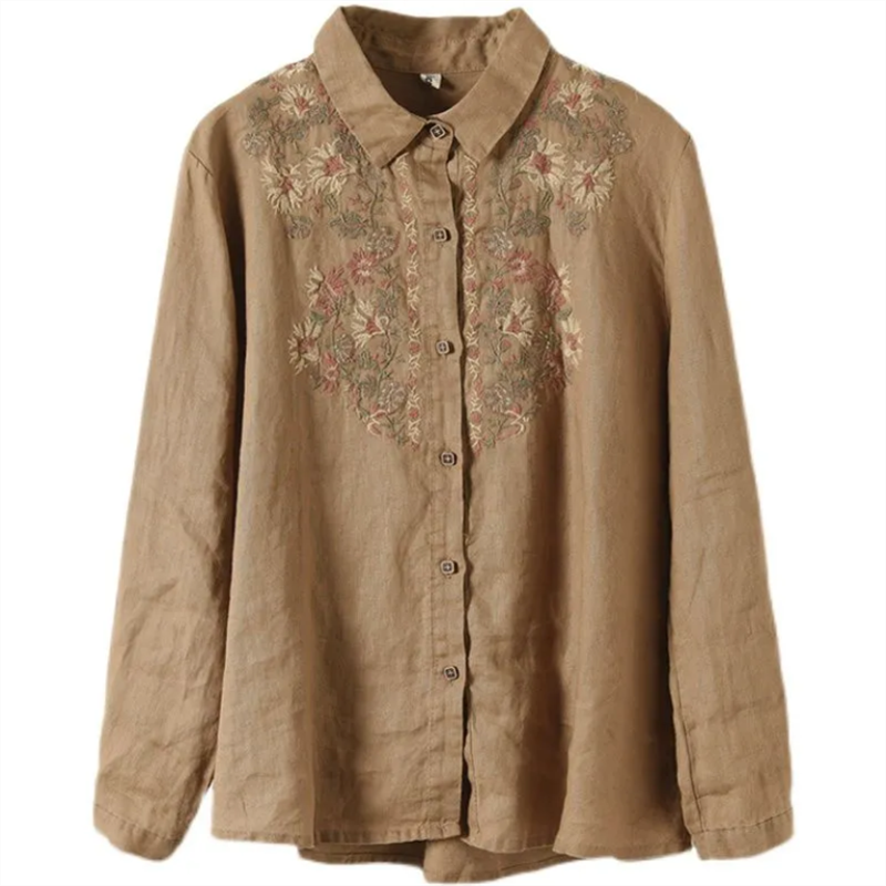 Chemisiers Rétro pour Femmes, Chemise Nationale en Coton et Lin, Blouse Ample Brodé à Col Revers, Cardigan à Manches Longues, Hauts Féminins