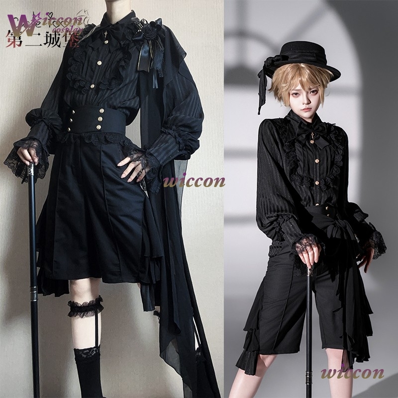 Costume noir fantaisie Cosplay pour femmes, tenue de Style Jirai Kei Ouji, chemisier médiéval Lolita, short gothique unisexe Prince, chemises à manches longues