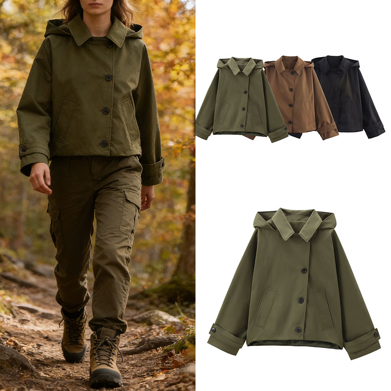 Manteau court à capuche pour femme en vert olive, marron et noir, double boutonnage avec détails de poches, veste décontractée