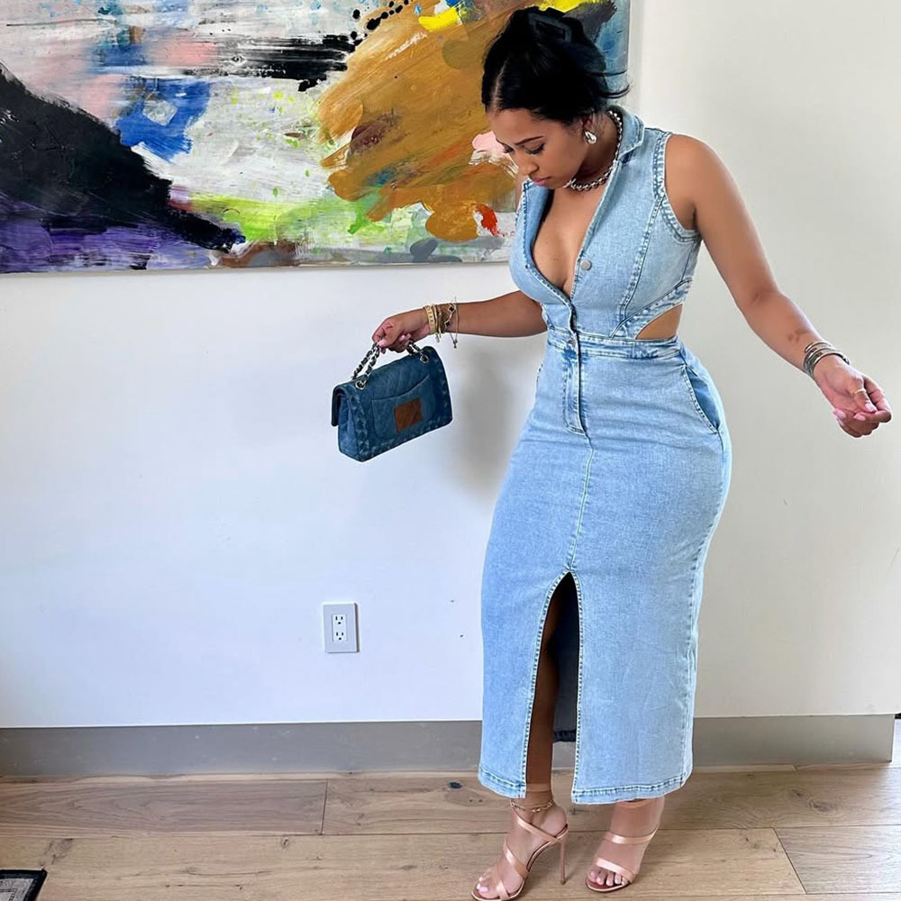 Robe en jean pour femme, sexy, sans manches, à col revers, avec fente et découpes, style mode
