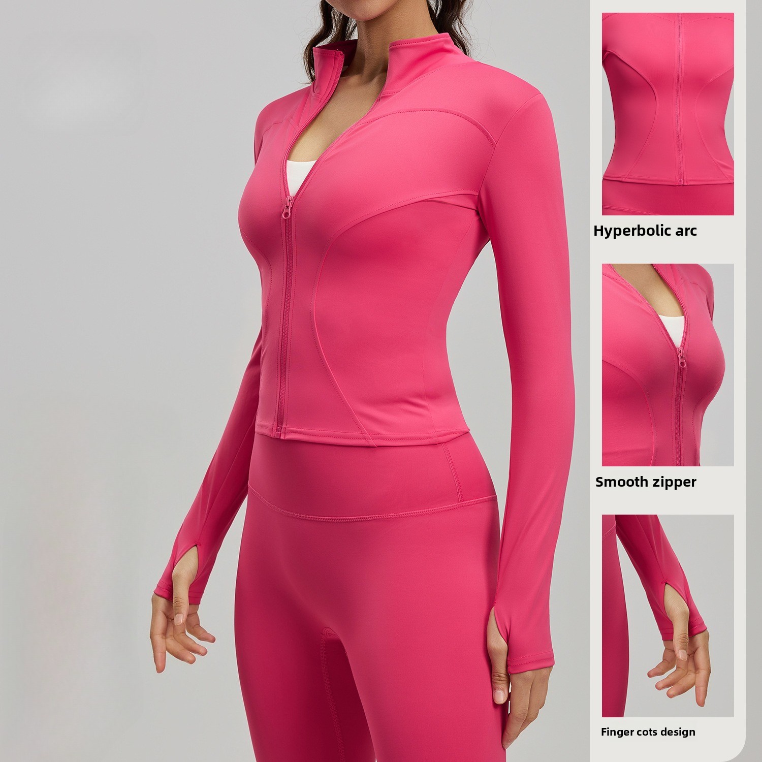 Veste de sport pour femmes : Veste amincissante à coupe ajustée avec col montant, fermeture éclair, gants sans doigts, haut de yoga, vêtements de fitness et de yoga.