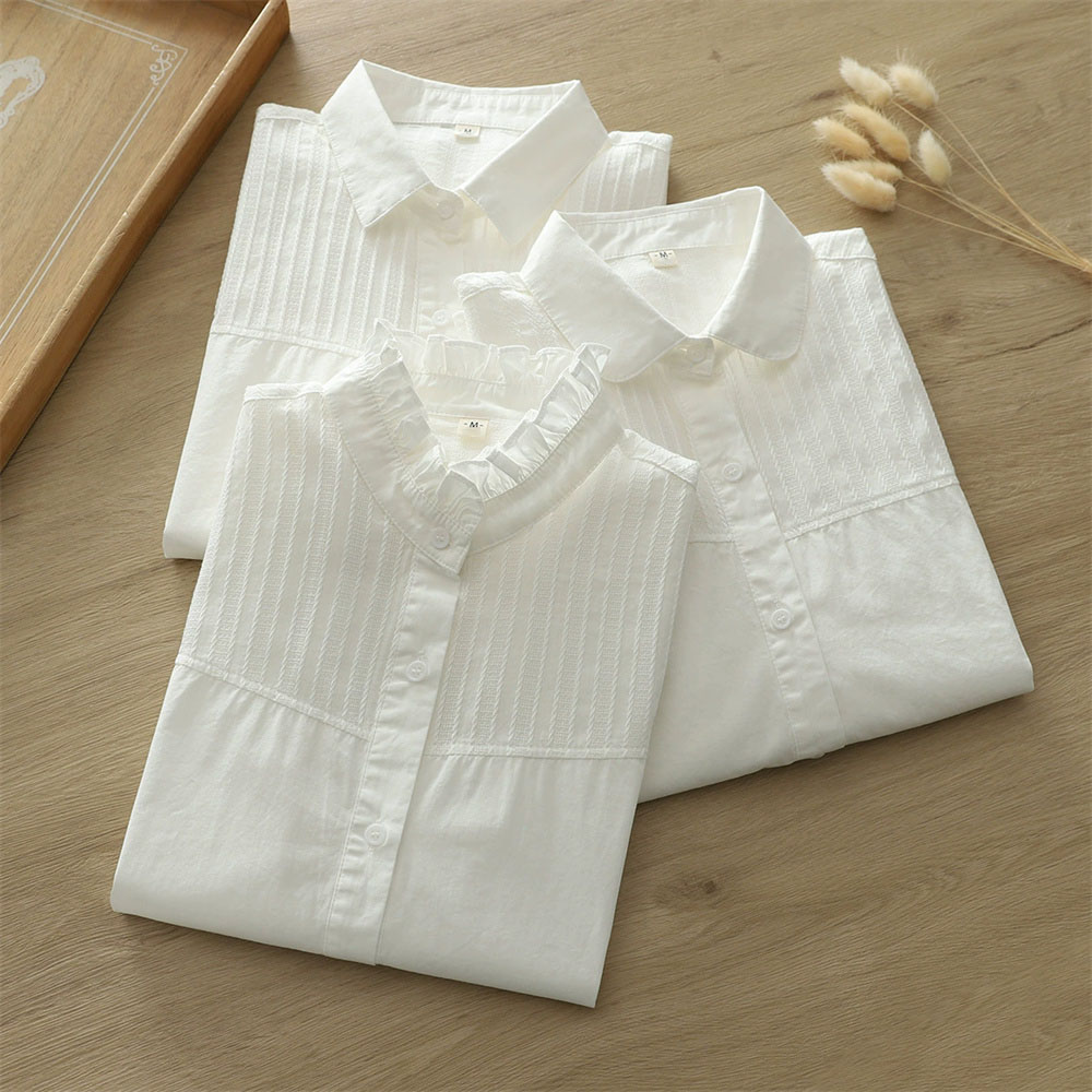 Chemisiers blancs en dentelle et patchwork pour femmes, hauts courts coréens à taille cintrée, chemise élégante à manches longues, nouvelle chemise pour femme
