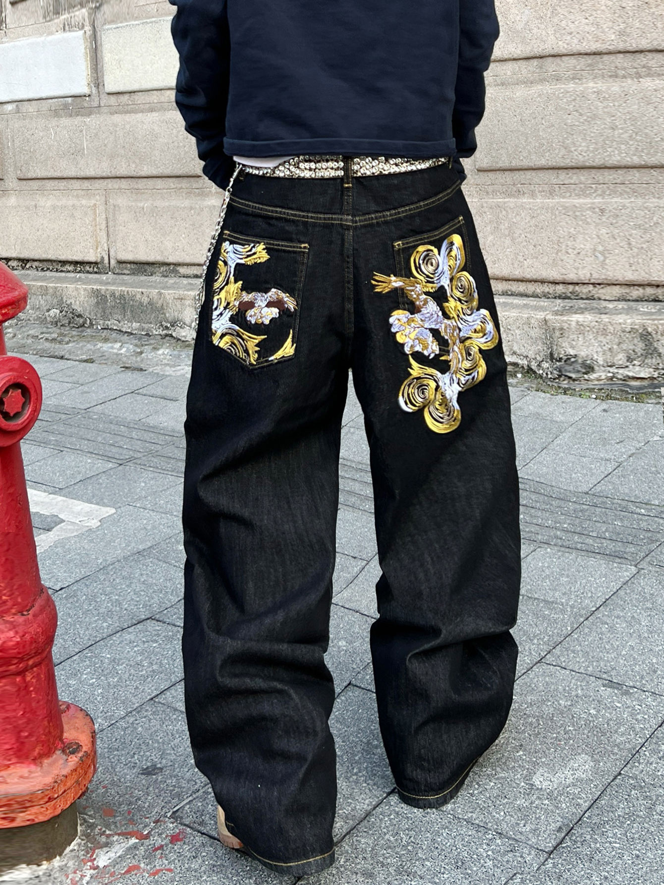 Jeans polyvalents noirs pour hommes, pantalons larges et amples, pantalons tendance brodés rétro Y2K pour hommes, adaptés à toutes les saisons, sans accessoires