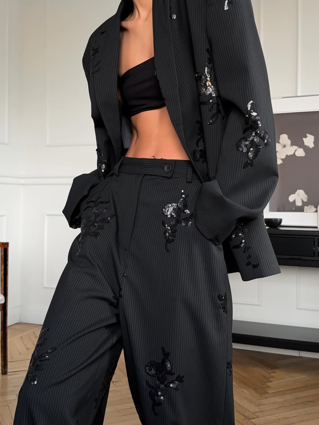 Costume chemise à paillettes pour femmes, élégant, revers, manches longues, haut, taille élastique, pantalon, ensemble 2 pièces, costumes de printemps de rue, 2026