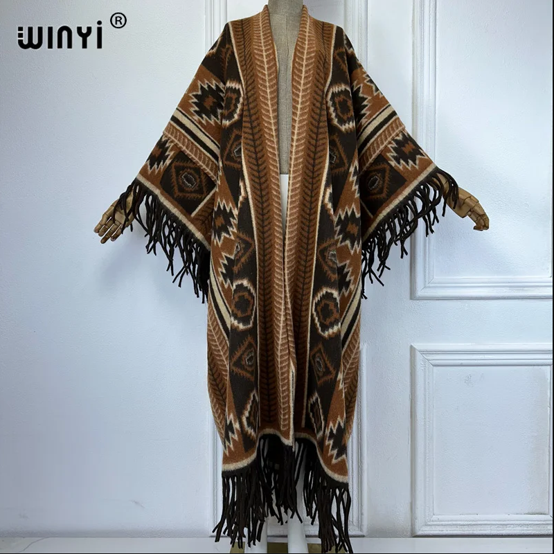 WINYI Cardigan à franges pour femme, manteau de luxe de Dubaï, manteau ample, vêtements d'extérieur d'hiver pour femme, robe longue en duvet, بالطو