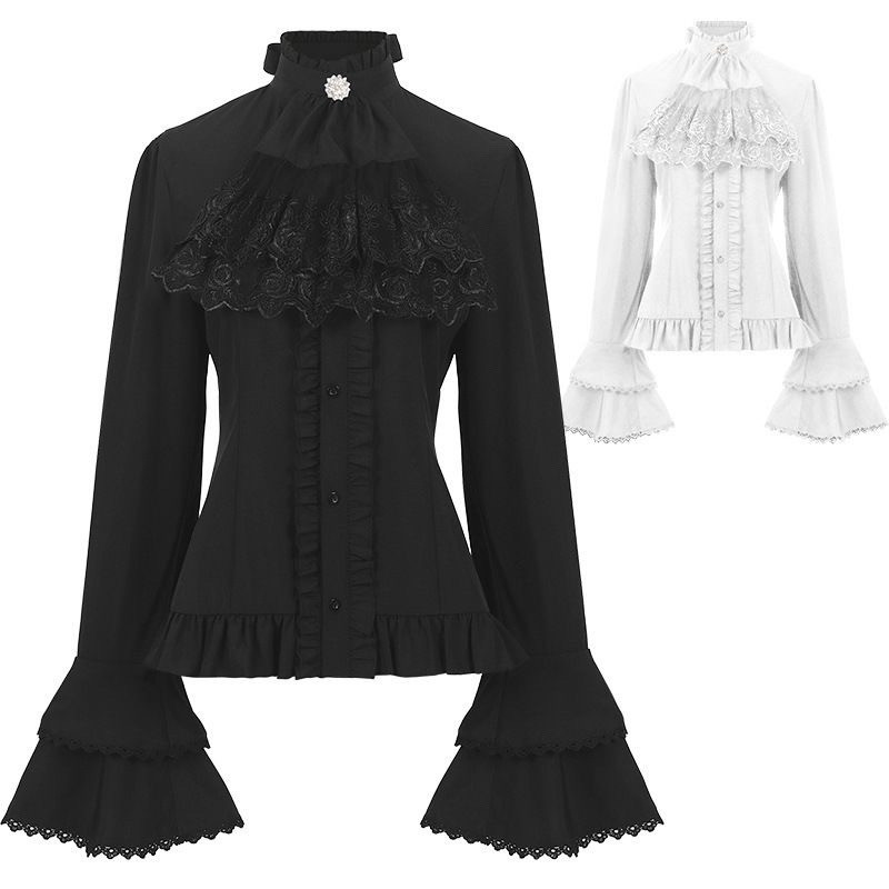 Chemise à manches longues de style victorien pour femmes, nouvelle arrivée 2025, dentelle noire et blanche, volants, col haut, dos corset, style gothique vintage