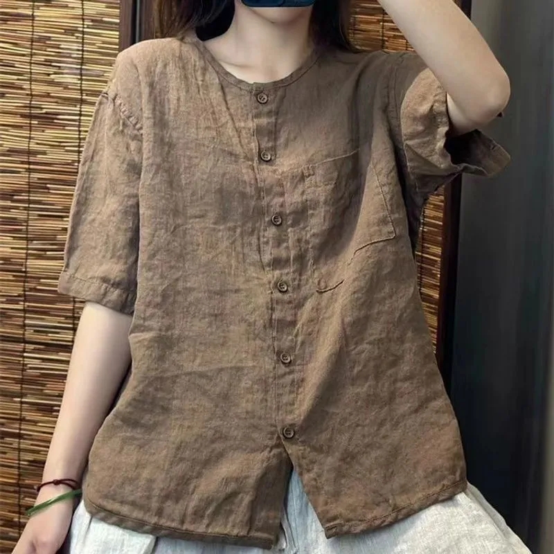Chemise femme 2025 printemps été coton et lin col rond rétro dames Blouse solide réduction de l'âge dame Cardigan T-shirt