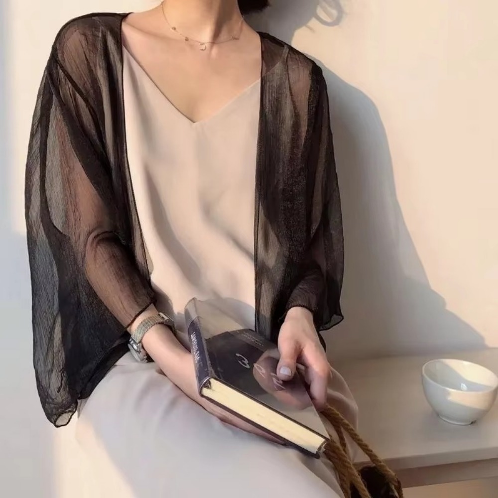 Cardigan décontracté froissé pour femme en mousseline, coupe ample, court, transparent, fin, style châle, veste légère