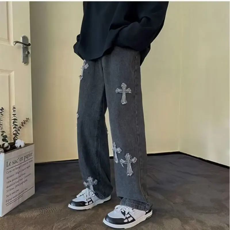 Jean en Denim à jambes droites pour hommes, nouvelle mode décontractée, ample, pantalon Y2k, jambes larges, Hip Hop, noir, bleu