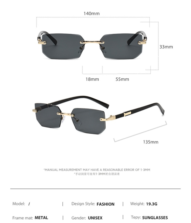 Lunettes de soleil sans monture tendance pour hommes et femmes, verres de soleil rectangulaires sans cadre, nuances rétro, lunettes de voyage d'été UV400