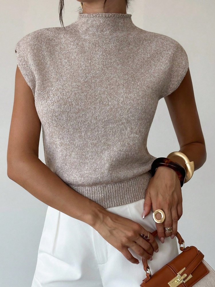 Pull en maille à col montant et manches courtes pour femme – Printemps, été, automne – Élégant, décontracté, coupe ajustée – Idéal pour le bureau, les trajets quotidiens et le streetwear