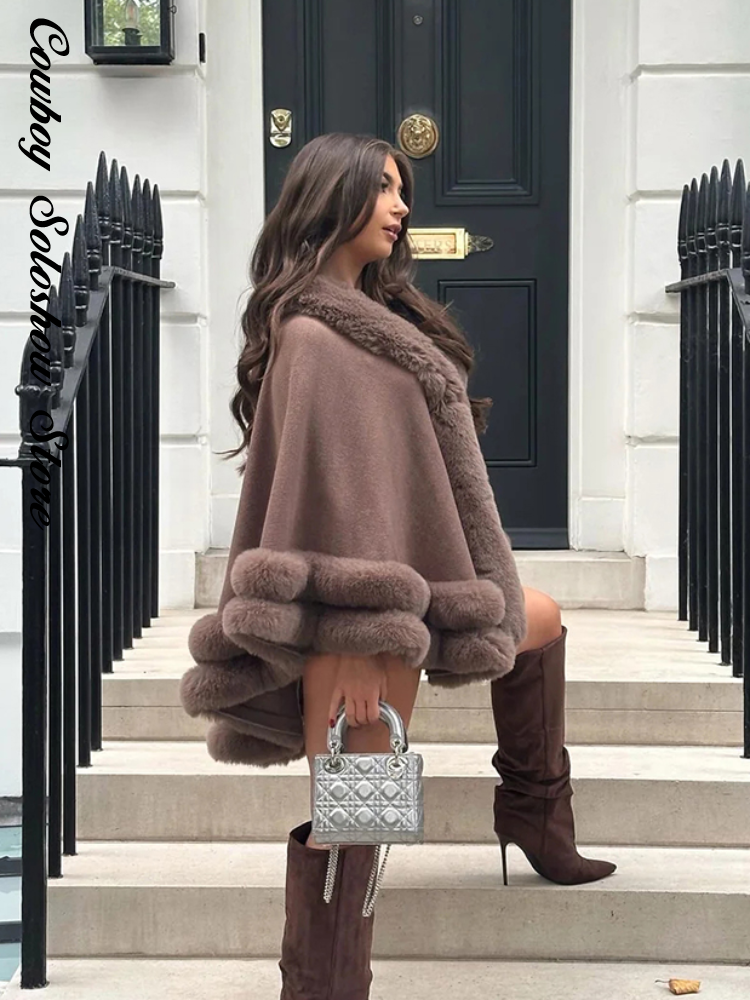 Poncho élégant en fausse fourrure pour femme, cape ample et chaude à col en V, manteau court d'automne, nouveau style décontracté chic de rue, manteaux chauds d'hiver, 2026