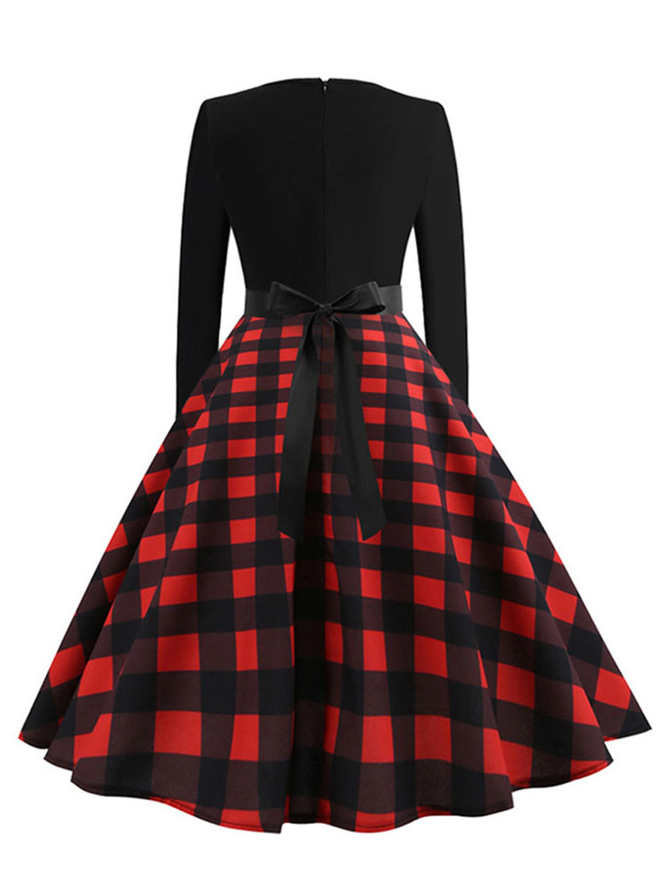 Robes de Noël d'hiver pour femmes, style vintage années 50-60, robe swing pin-up élégante, robe de soirée à manches longues, imprimé décontracté noir