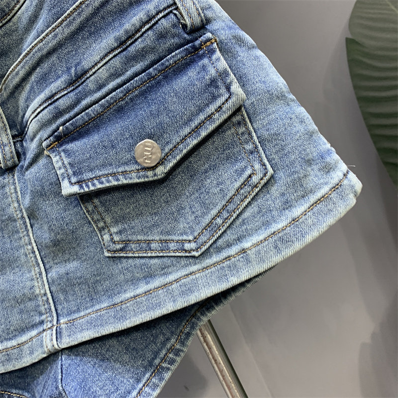 Jupe courte en jean effet deux pièces pour femme, style décontracté américain, délavée, rétro, coupe trapèze, boutonnée, été