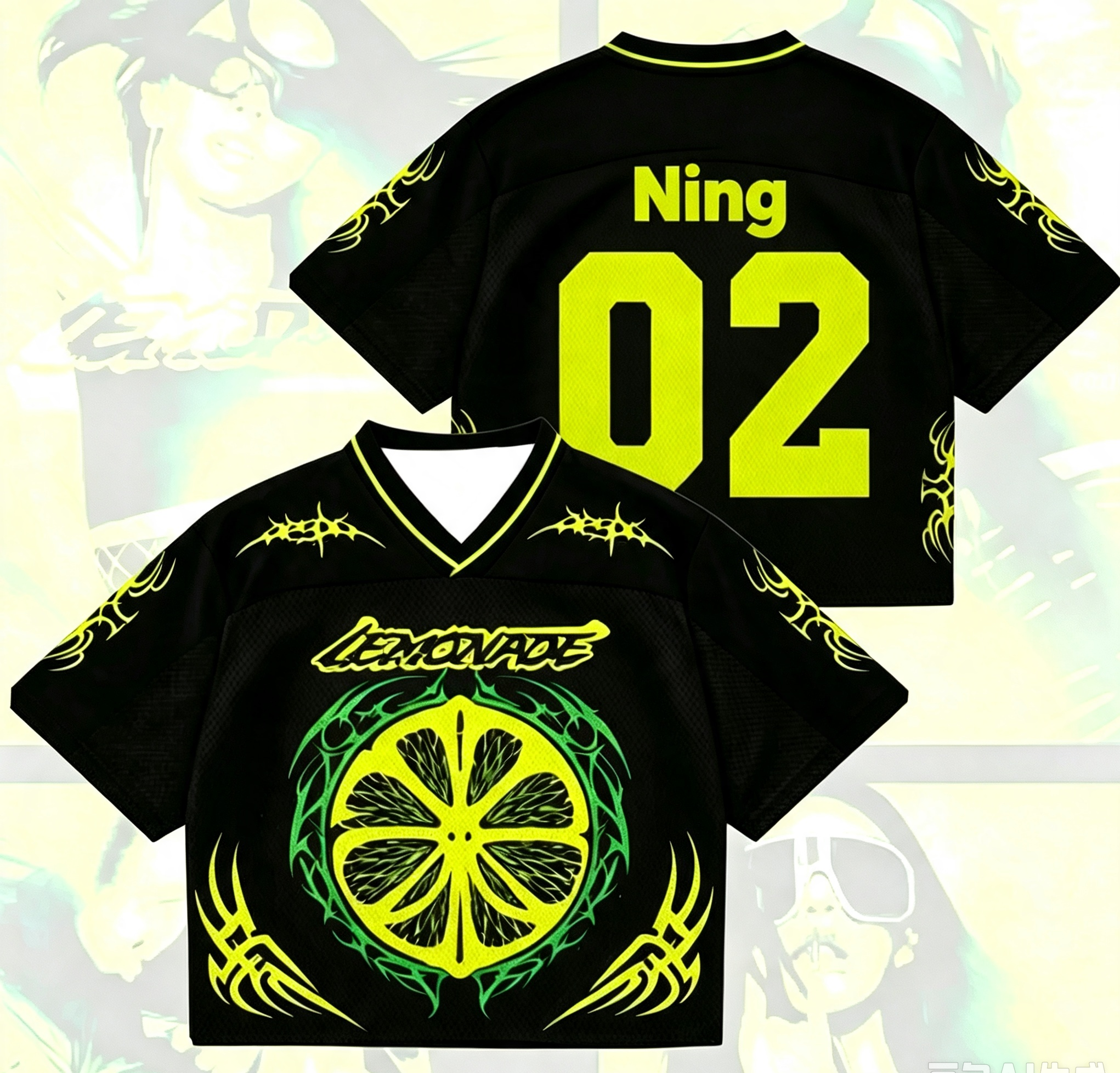 Maillot de football court imprimé citron K‑POP Y2K, en maille de polyester respirante, à manches courtes, streetwear, col en V, hauts de sport unisexes