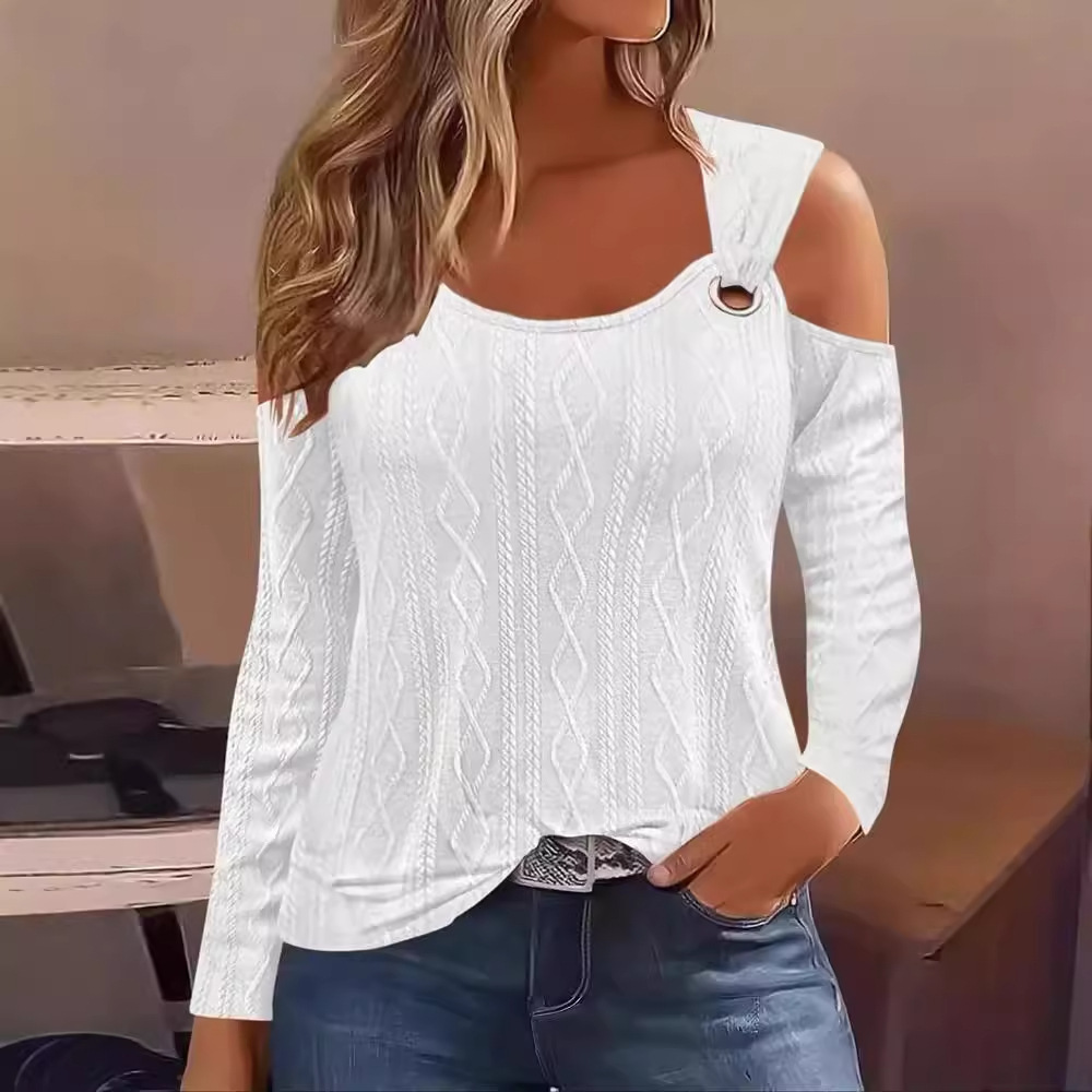 Printemps t-shirts pour femmes Sexy épaules nues à manches longues chemise femmes élégant décontracté solide pull ample noir blanc nouveau Jacquard