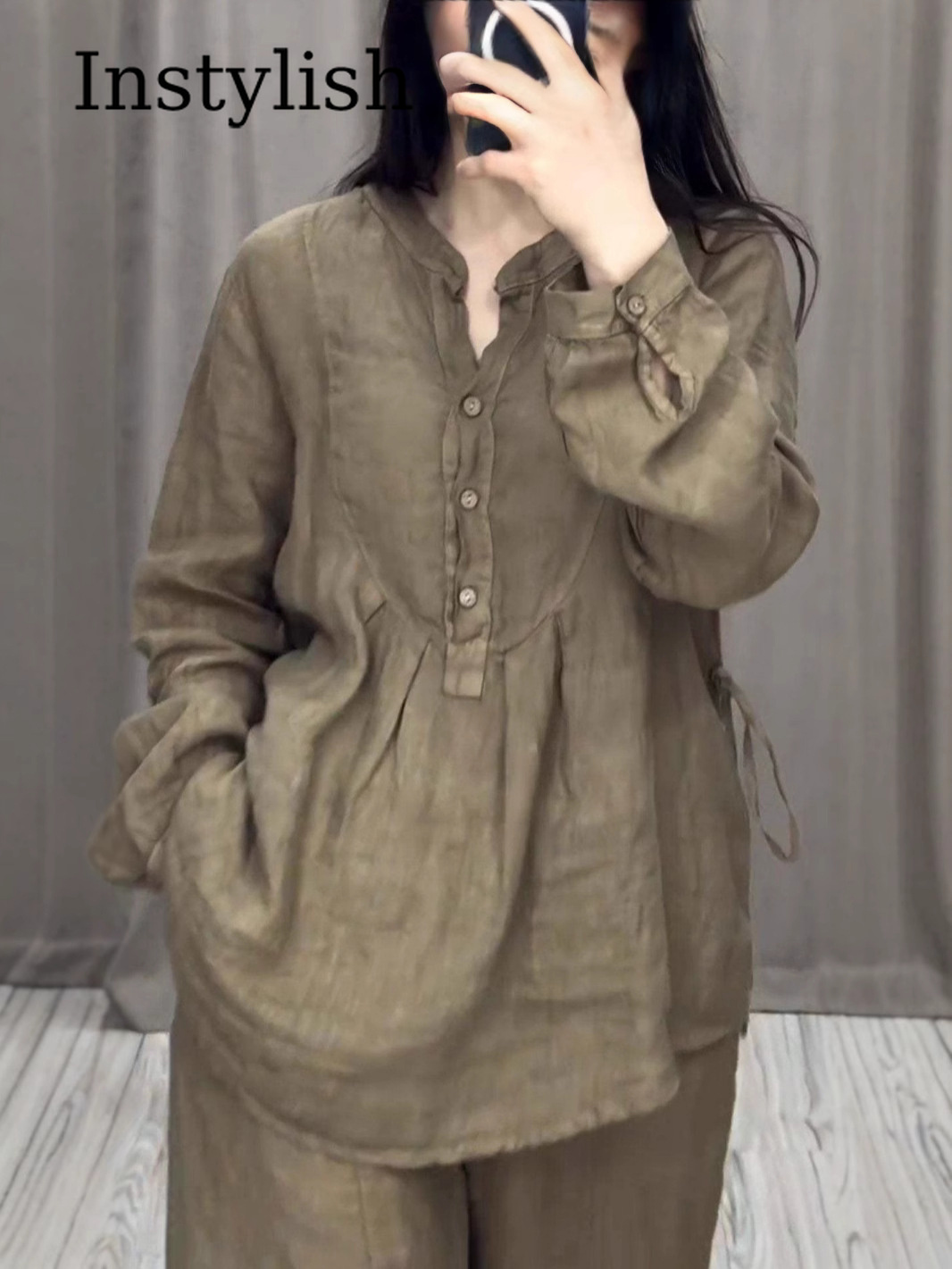 Ensemble 2 pièces en lin pour femme, chemisier à col en V et manches longues boutonnées, pantalon large, décontracté, uni noir, vêtements de détente, printemps automne