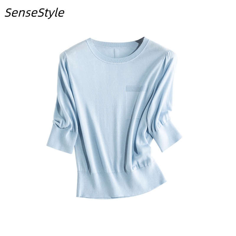 T-shirt en tricot de soie de mûrier 5% pour femme, fin, à manches mi-longues, collection printemps-été