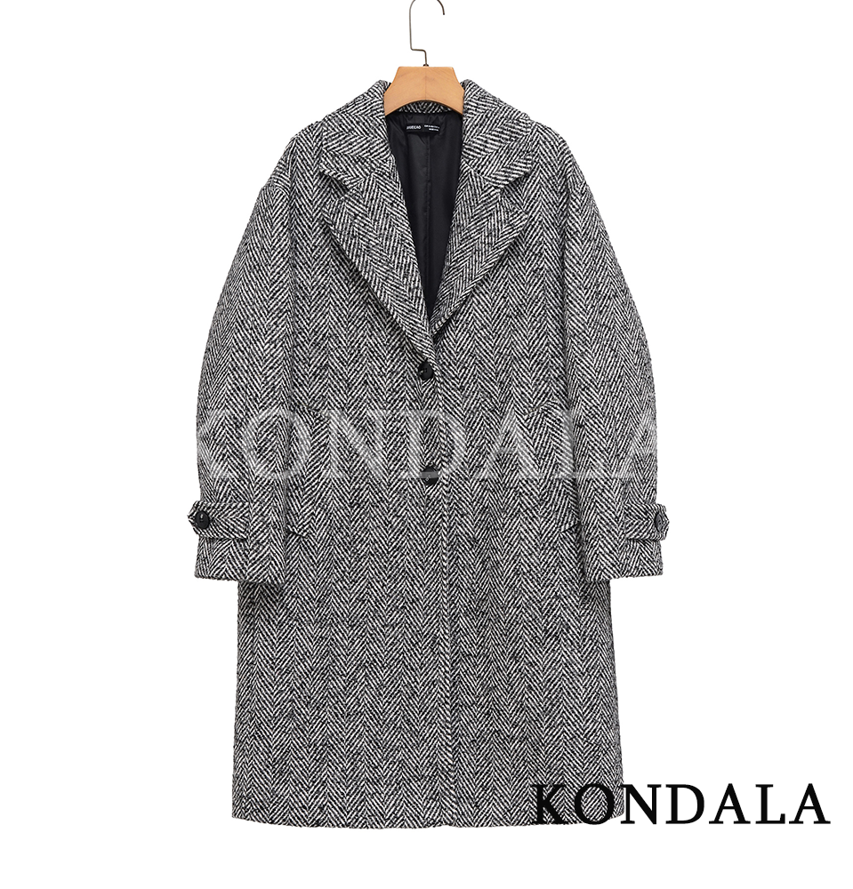 KONDALA femmes trajet chevrons motif manteau automne hiver revers boutons Midi manteau 2025 mode femme décontracté gris Long manteau