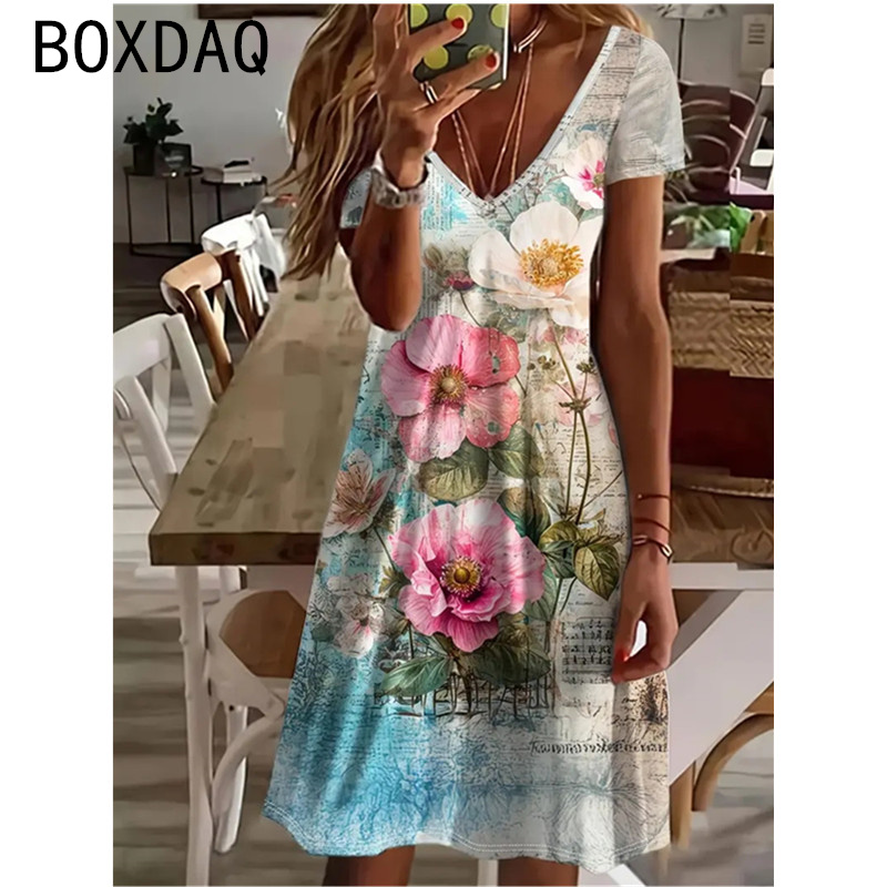 Vintage élégant imprimé fleuri a-ligne robe femmes été à manches courtes col en v plage tenue décontractée grande taille dame Simple robe de rue
