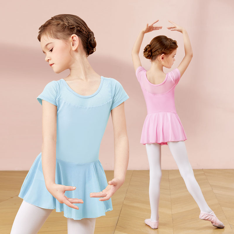 Robe de Ballet pour filles, justaucorps de danse, maille épissure, manches courtes, jupe en mousseline de soie, body de Ballet, Costumes de danse