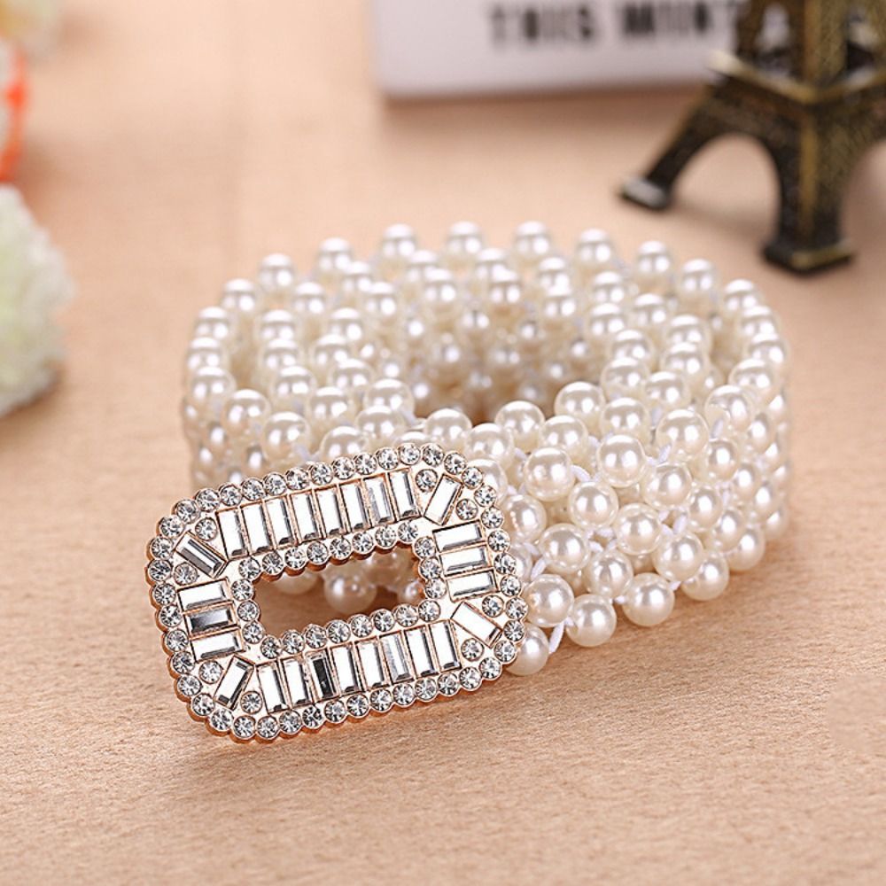 Ceinture Décorative Femme Élastique Fine à Boucle Métallique avec Perles, Style Décontracté et Polyvalent
