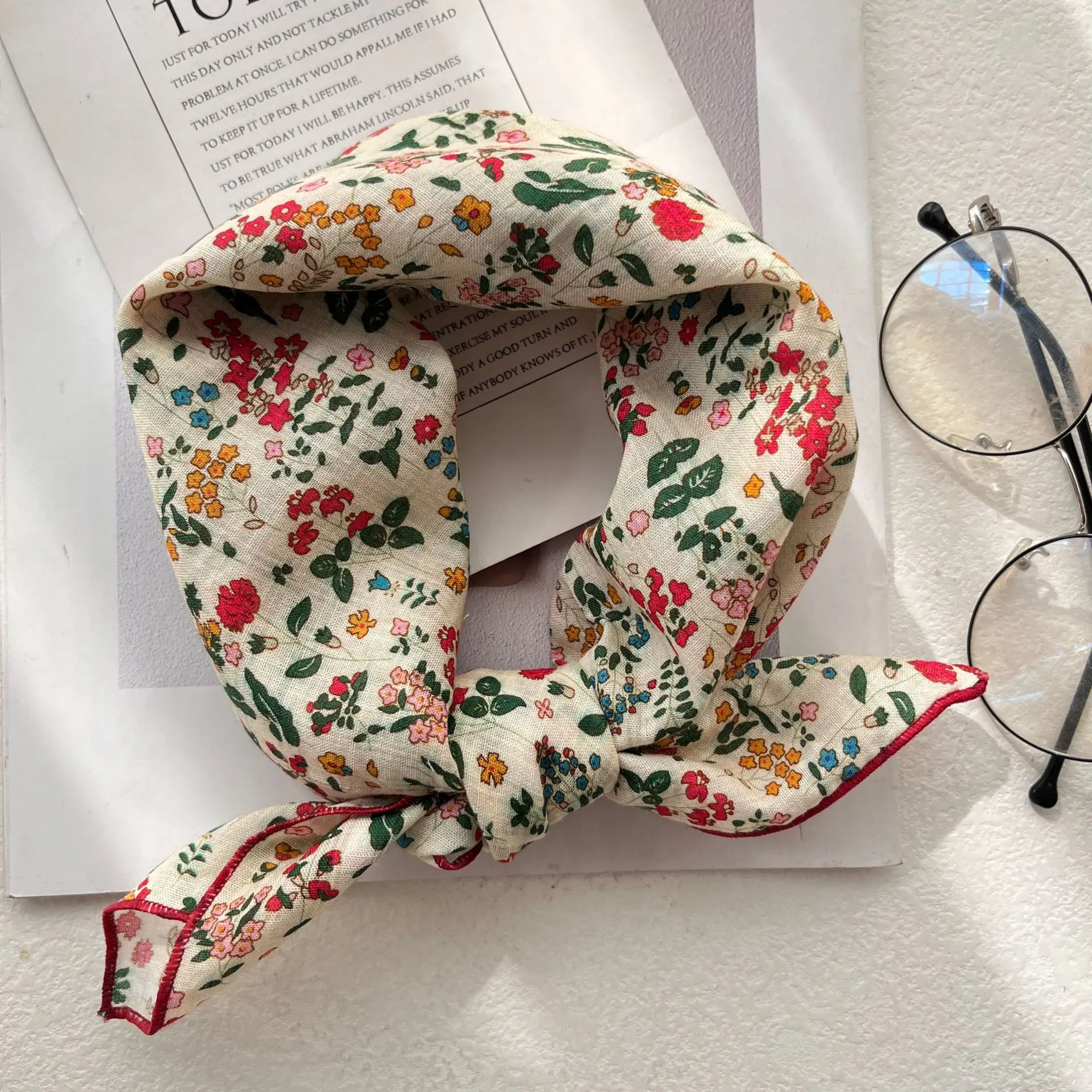 Injplanchers f-Bandeau de sauna rétro en coton et lin pour femme, petit carré floral frais, bande décorative cryptée, version coréenne exquise